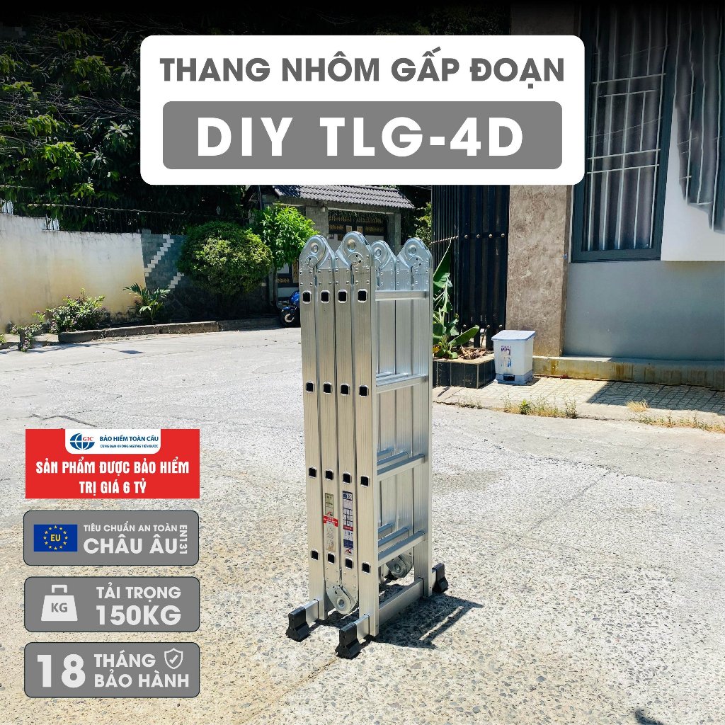[HỎA TỐC 2H HCM] Thang nhôm gấp 4 đoạn DIY TLG-4D chiều cao tối đa chữ A 2.3M, chữ I 4.7M