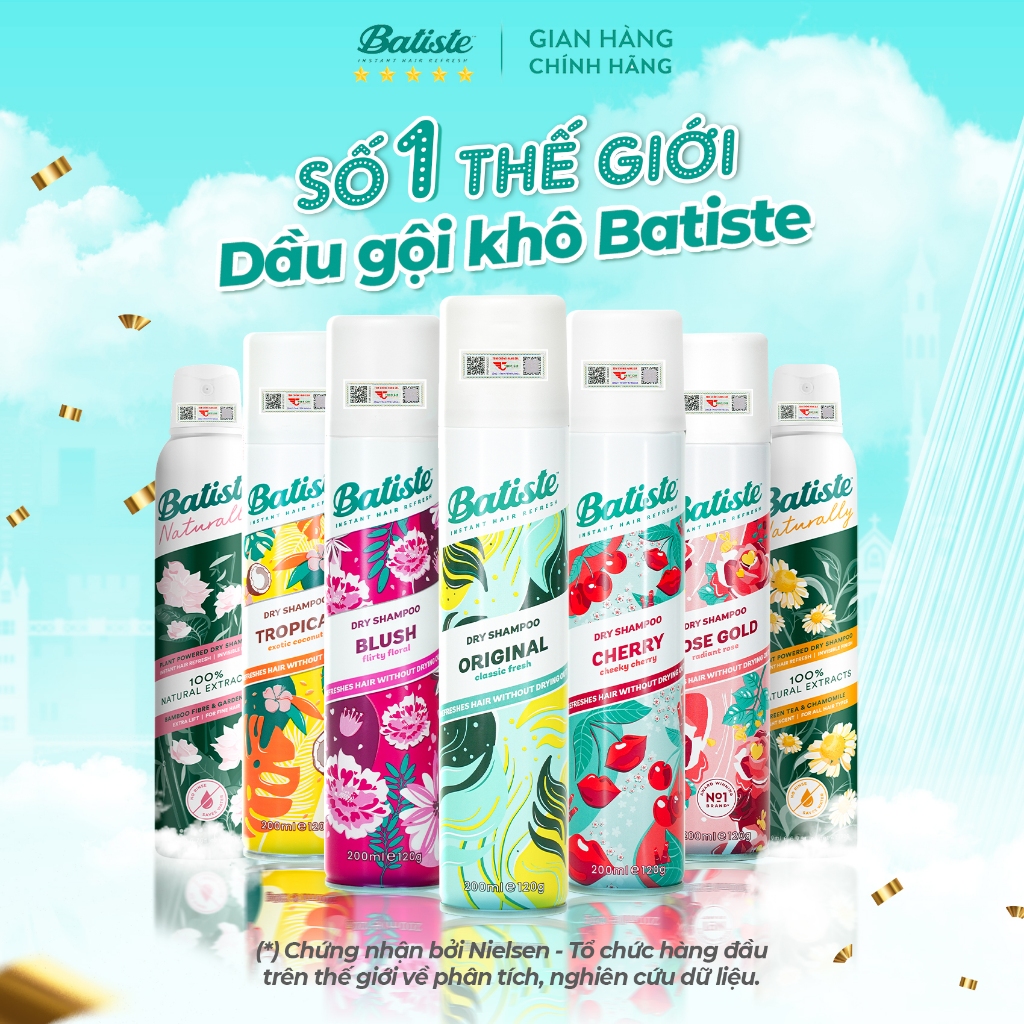 Dầu Gội Khô Batiste Dry Shampoo Mini Size 50ml, Full 200ml Hết Ngứa, Hết Bết Dính Tóc Bồng Bềnh Bóng Mượt Tức Khắc