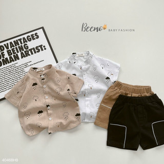 Set bộ sơ mi cổ tàu in đám mây cho bé