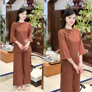 Pháp phục đi chùa, bộ đồ đi lễ chất liệu linen thêu hoa sen nâu tay lỡ cao cấp - Pháp Phục Mộc Lâm - PP36