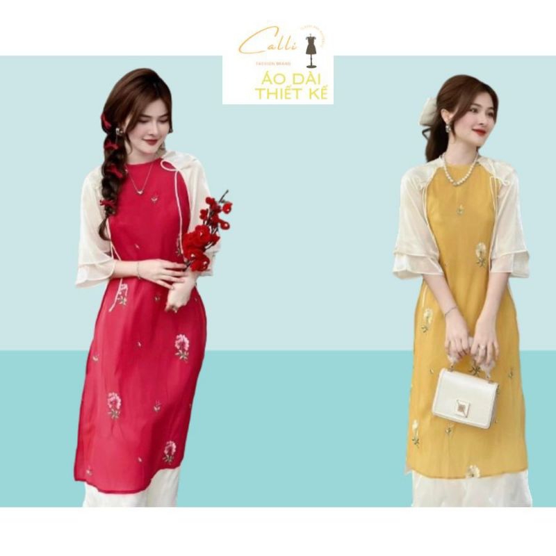 (Hàng Thiết Kế) Áo Dài Cách Tân nữ Calli Vàng Đỏ phối tay trắng điệu đà hiện đại duyên dáng, thêu hoa tỉ mỉ cao cấp
