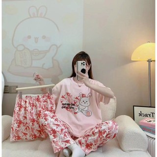 Bộ Đồ Ngủ Áo Tay Ngắn + 2 Quần In Họa Tiết Hoạt Hình Phong Cách Hàn Quốc Thời Trang Cho Nữ