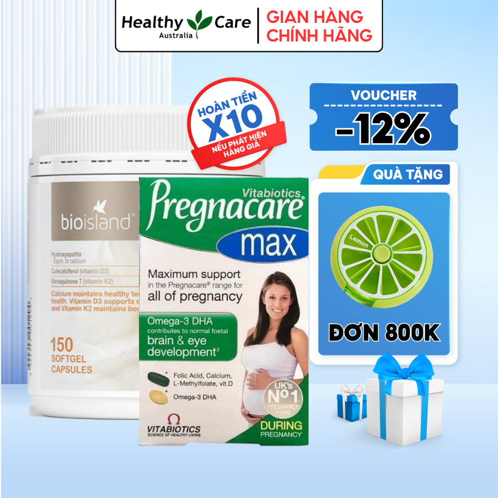 Combo chăm sóc sức khỏe cho mẹ bầu Pregnacare Max và canxi Bioisland giảm nguy cơ dị tật thai nhi