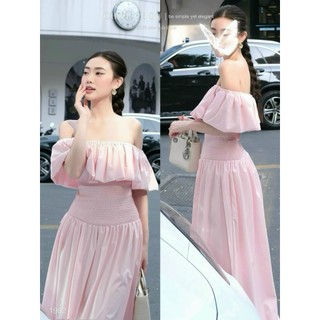 Đầm Maxi Du Lịch Biển Mát Mẻ Chất Cotton Lạnh QC Trễ Vai Eo Nhúng Co Giãn From Váy Dài Xòe Nữ Tính