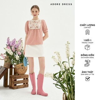 Áo kiểu Thô Mỏng karo hồng thêu bô đê đáp phối 411TO10330 ADORE DRESS