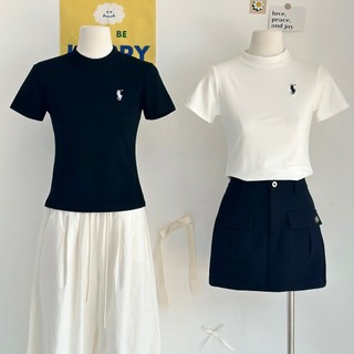 Áo thun nữ cotton cổ cao tay ngắn form ôm vừa vặn màu trắng, đen phong cách mùa hè