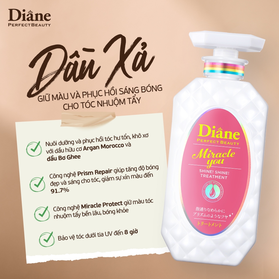 Combo Dầu gội xả + Serum phục hồi sáng bóng dành cho tóc nhuộm tẩy Diane Miracle You Shine Shine Shampoo & Treatment