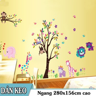 Decal trang trí tường - Thân Cây sắc màu vui chơi cùng Thú Voi hồng phun tim 03