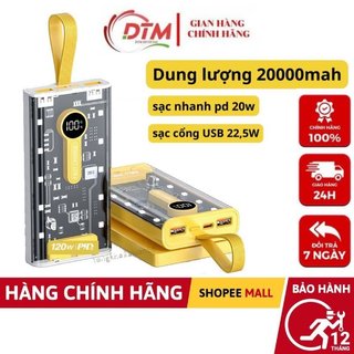Sạc Dự Phòng Trong Suốt 20000mAh TZ01 Với 2Cổng Sạc Nhanh 22.5w ,PD 20W,Hỗ Trợ Sạc Nhanh 120W,Màn Hình LED,Kèm 4 Đầu Sạc