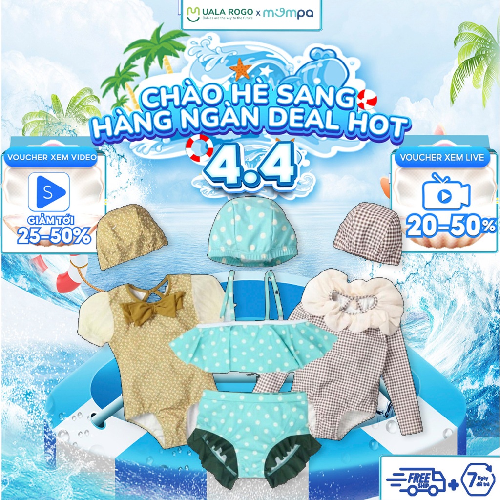 Đồ bơi bé gái Mompa 2-6 tuổi bộ Bikini tặng kèm mũ bơi vải Cotton thoáng mát mềm mát thấm hút nhanh khô 100 101 102