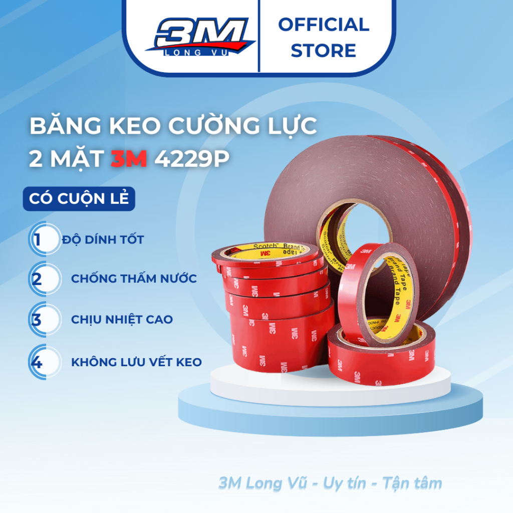 Băng keo cường lực 2 mặt 3M 4229P( cuộn cắt lẻ ) siêu dính, chống thấm, dán các vật dụng gia đình, nhà tắm - 3M Long Vu