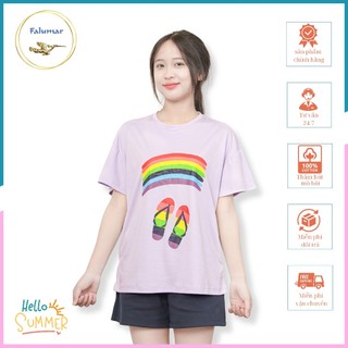 Áo Thun Nữ Cộc Tay FALUMAR Tay Lỡ Form Rộng Chất Liệu Cotton, Áo Phông Nữ Ngắn Tay In Hình Hoạ Tiết Size M L XL