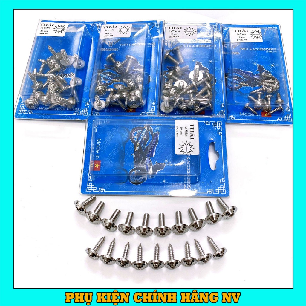 Bộ ốc dàn áo salaya inox 304 đầu thái cho Winner V1, Ex155, Ex150, Ex135, Vario, Wave, Sirius,...