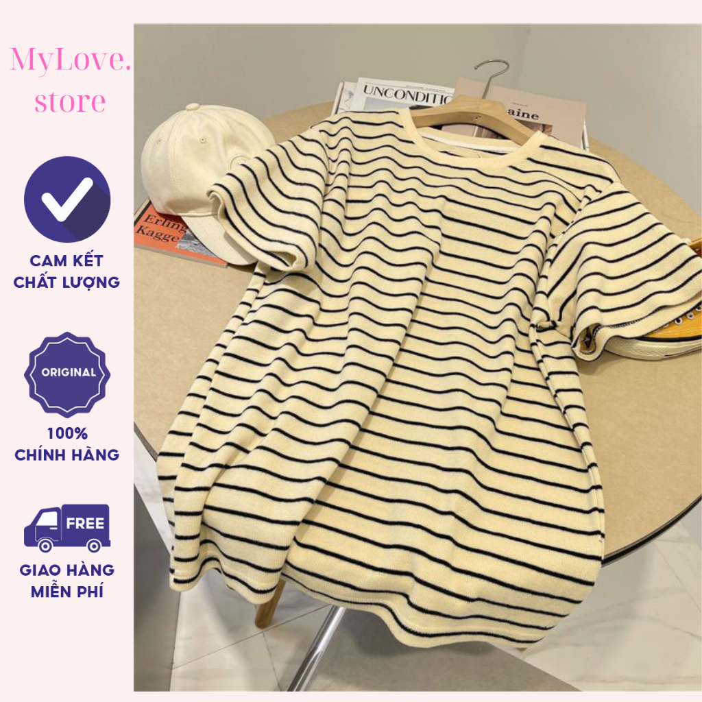 Áo Thun Nữ Ngắn Tay, Áo Phông Chất Cotton Kẻ Sọc Đơn Gian Thời Trang Hè