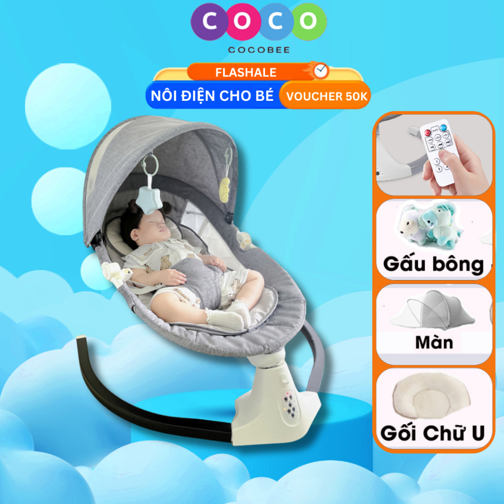 Nôi điện tự động bập bênh cao cấp COCOBEE có thể gấp gọn đa năng, điều khiển từ xa, có phát nhạc