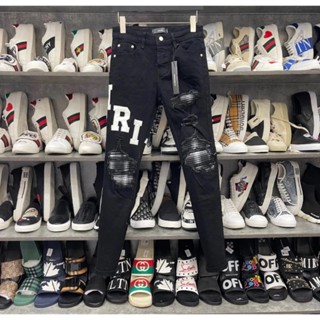 Quần jean amiri chất denim cao cấp rách vá caro màu đen form skinny co dãn NHUNHI FASHION
