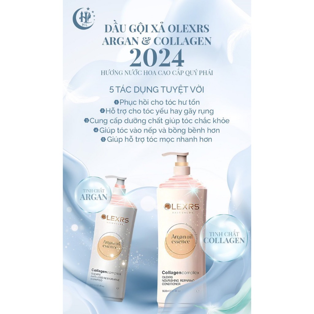 Dầu Gội Xả Olexrs Argan Oil Collagen 500ml/960ml Mẫu 2024 Phục Hồi Tóc Khô Xơ Hư Tổn, Hương Nước Hoa