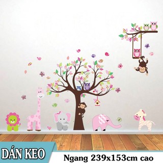 Decal trang trí tường Cây và Thú hồng cho Bé