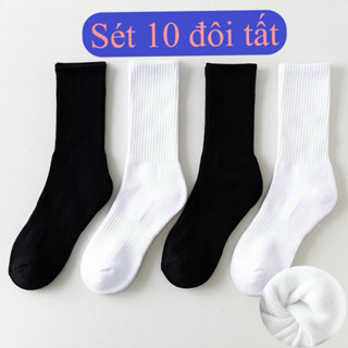 Sét 10 đôi Tất  trắng đen nam nữ cổ cao cổ trung cổ ngắn chất liệu cotton