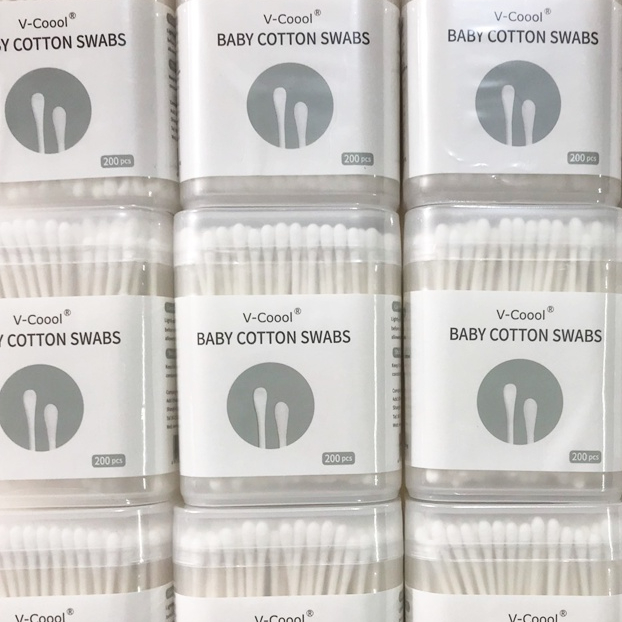 Tăm bông Vcool Cao Cấp cho Bé hộp 200 que 2 đầu dẹt và tròn. An toàn cho Bé