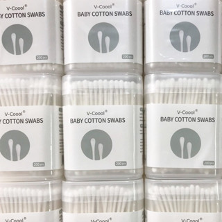 Tăm bông Vcool Cao Cấp cho Bé hộp 200 que 2 đầu dẹt và tròn. An toàn cho Bé