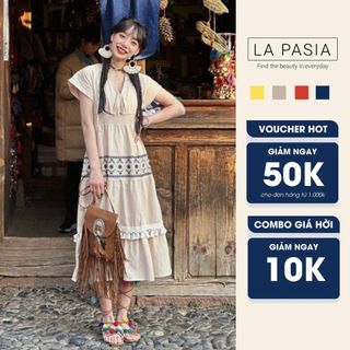 Váy Boho Dáng Dài Thêu Cổ Tim Tay Cánh Dơi LP48 Phong Cách Vintage Thời Trang Du Lịch Xinh Xắn