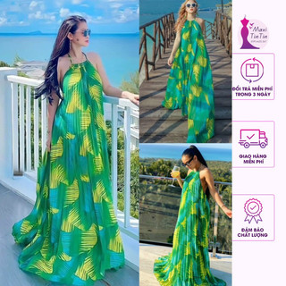 [Maxi] Đầm váy maxi mẫu mới dập ly cổ yếm hoạ tiết xanh dáng xoè rộng sống ảo siêu chất chill
