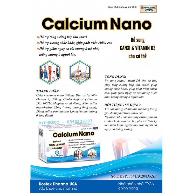 Calcium Nano bổ sung canxi, vitamin D3, omega 3 tăng chiều cao - 30 viên [Calcium Nano -Xanh dương]