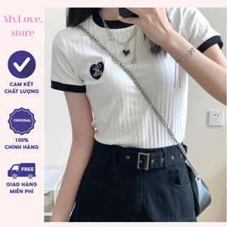  Áo Baby Tee Dẹt Kim Ngắn Tay Áo Thun Nữ Thêu Hình Ngực Trái Tim Phong Cách Hàn Quốc 