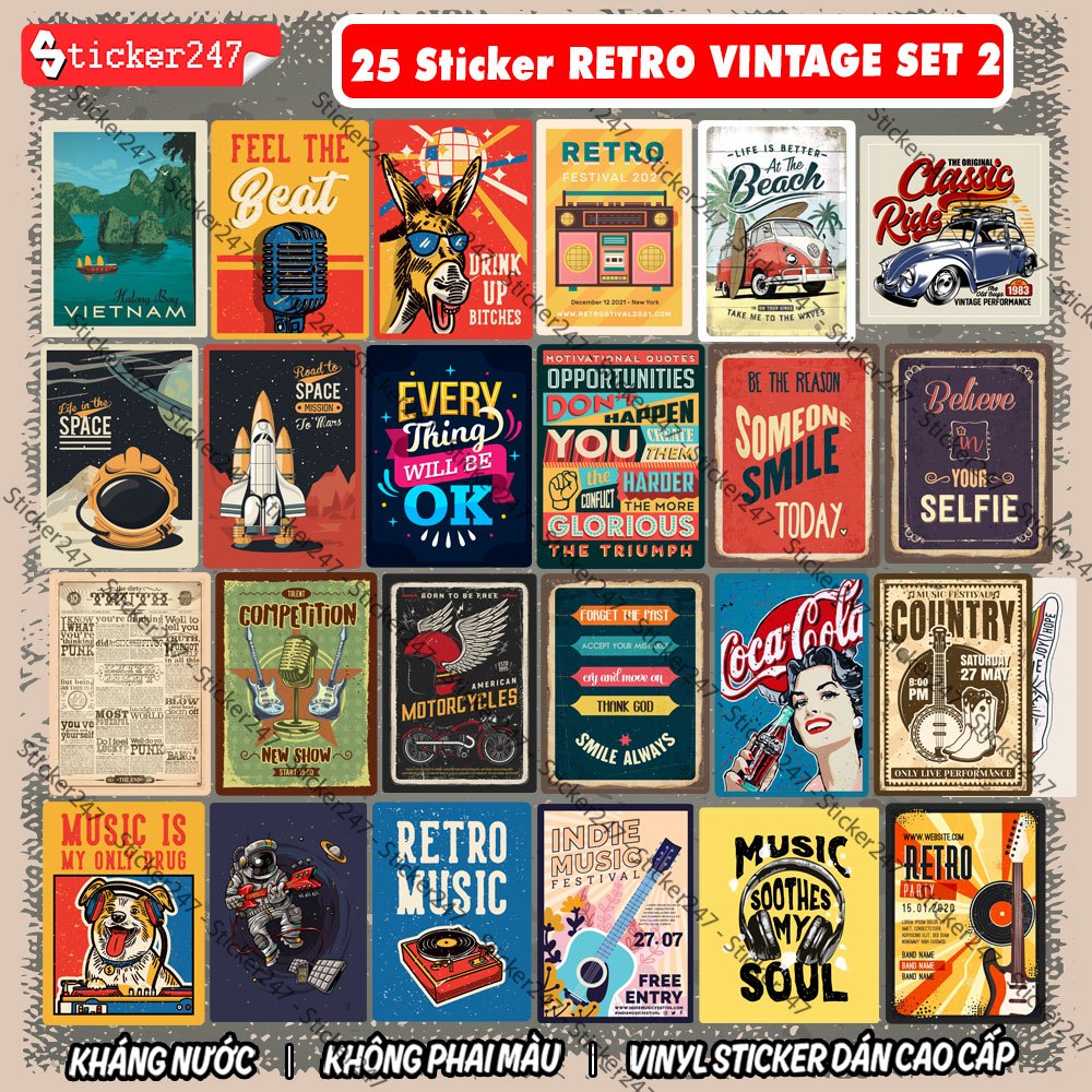 Sticker Vintage Retro 🌈𝑭𝒓𝒆𝒆𝒔𝒉𝒊𝒑 chống nước, sticker dán laptop, ipad, điện thoại, đàn guitar, mũ bảo hiểm,vali - R10