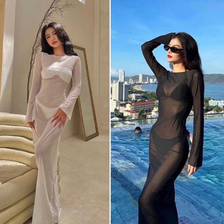 Đầm lưới dài đi biển thun lưới co giãn mạnh 2 màu trắng/ đen ôm body tôn dáng