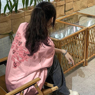 Màu Hồng áo phông nữ dáng rộng in ấn cổ tròn 100%cotton áo thun tay ngắn form rộng focus local brand