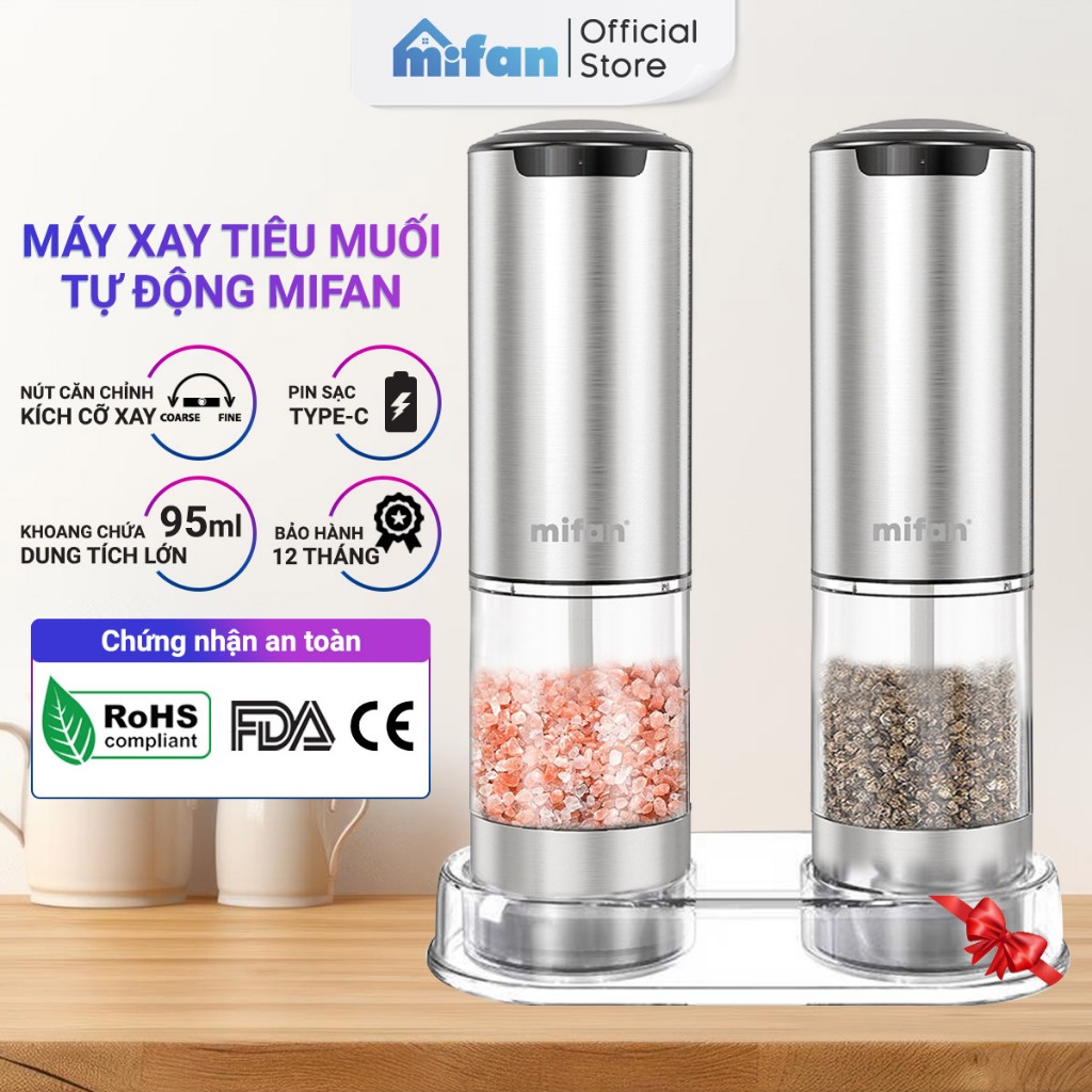 Máy Xay Tiêu Muối Tự Động Mifan Pepper Grinder - Pin Sạc Điện USB-C,  Điều Chỉnh Cỡ Xay, Lưỡi Gốm, T