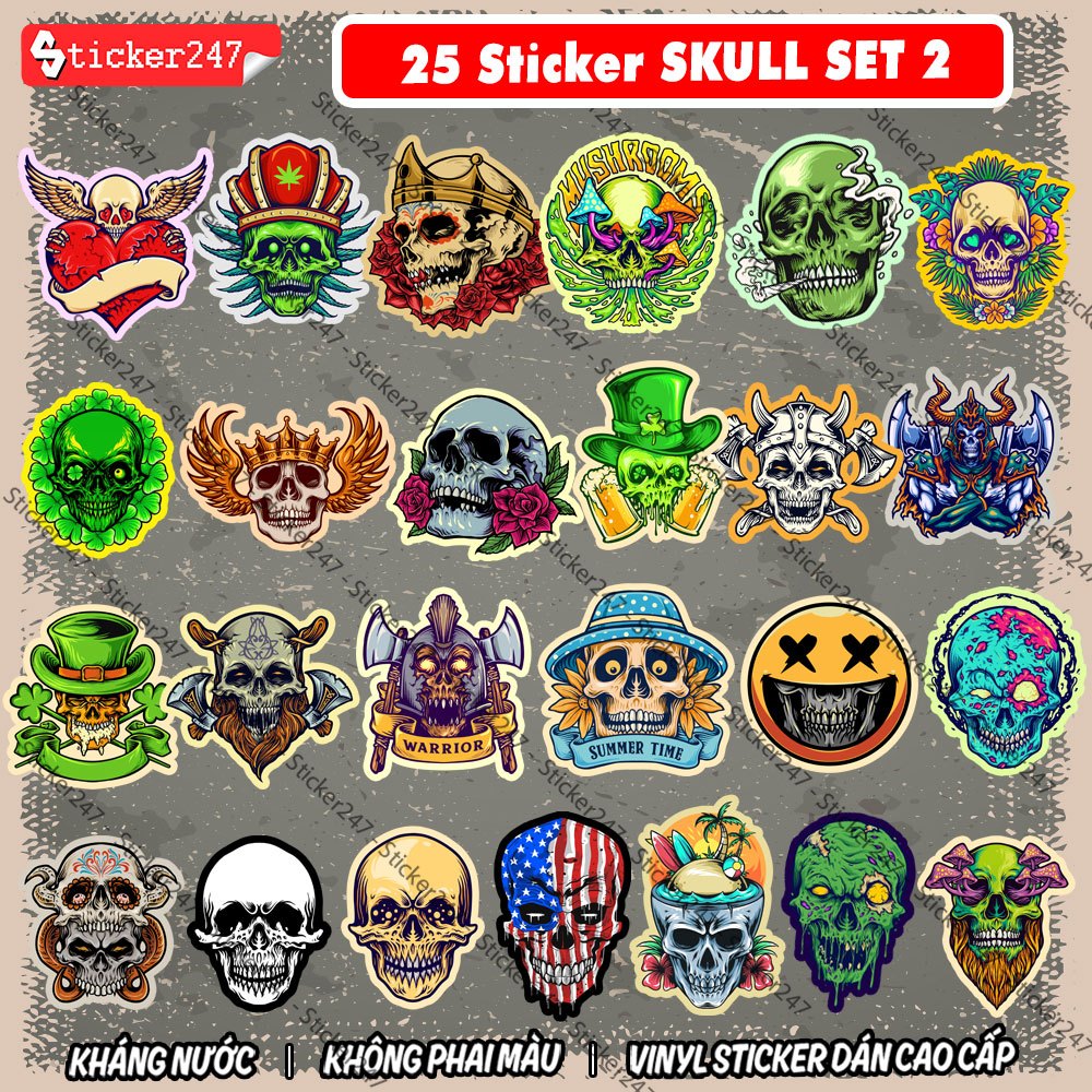 Sticker Đầu Lâu Skull cool ngầu 🌈𝑭𝒓𝒆𝒆𝒔𝒉𝒊𝒑 chống nước, sticker dán laptop, điện thoại, đàn, mũ bảo hiểm, vali - R26