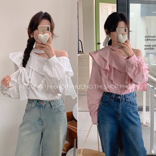 Áo sơ mi kiểu nữ thiết kế lệch vai dây cổ phong cách Hàn Quốc phù hợp đi biển, đi dạo, đi cafe sống ảo