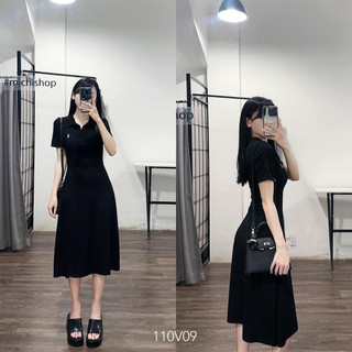 Váy midi dáng xòe thêu ngực màu đen-110V09