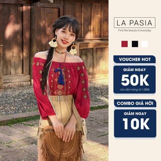 Áo Sơ Mi Trễ Vai Thêu Cotton LP51 Phong Cách Vintage Du Lịch