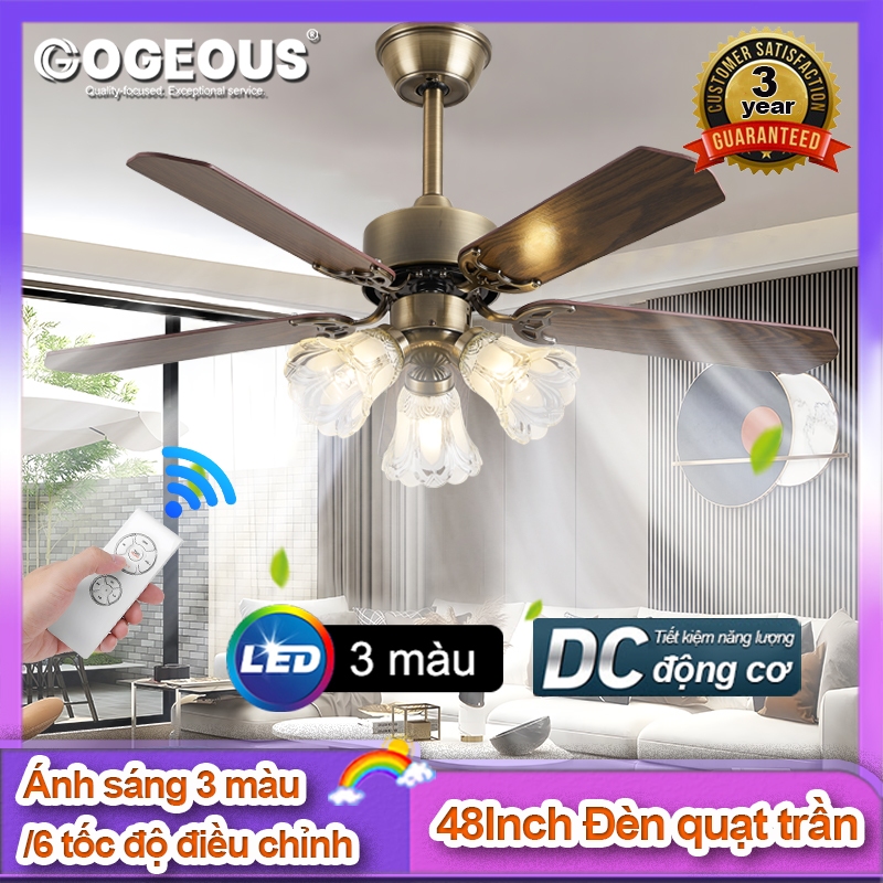 GOGEOUS Quạt trần phong cách Retro có đèn LED ba màu quat tran trang trí