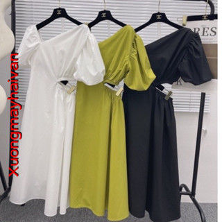 HV -[XẢ KHO]  Váy Thô Tay Bồng Lệch Vai Khoét Eo,Đầm Lếch Vai Khoét Eo Chất Thô Cao Cấp