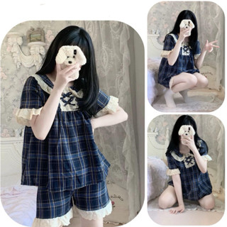 Set Bộ Đồ Nữ Kẻ Xanh Áo Babydoll Phối Ren Trắng Cổ Sen Nơ Nổi Mix Quần Sooc Đùi