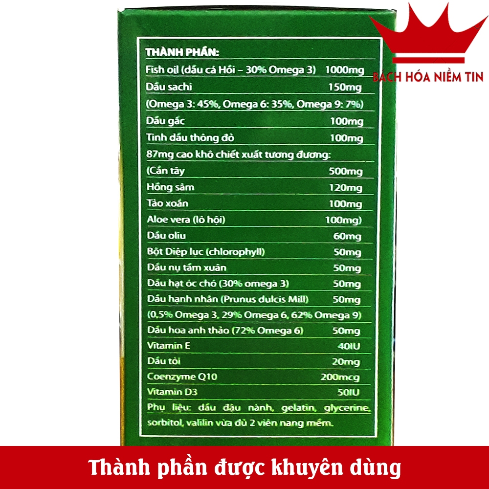 Viên uống Omega 369 Diệp Lục - chiết xuất hạt óc chó - Giúp sáng mắt, khỏe tim, tăng cường trí nhớ hiệu quả -Hộp 60 viên