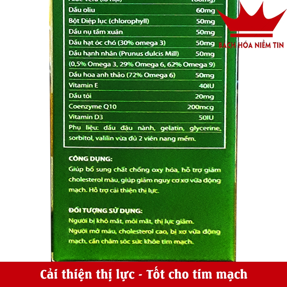 Viên uống Omega 369 Diệp Lục - chiết xuất hạt óc chó - Giúp sáng mắt, khỏe tim, tăng cường trí nhớ hiệu quả -Hộp 60 viên