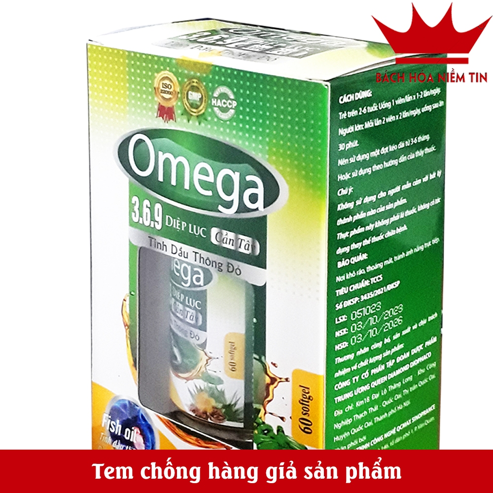 Viên uống Omega 369 Diệp Lục - chiết xuất hạt óc chó - Giúp sáng mắt, khỏe tim, tăng cường trí nhớ hiệu quả -Hộp 60 viên