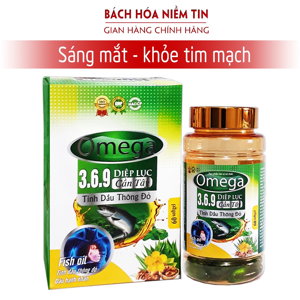 Viên uống Omega 369 Diệp Lục - chiết xuất hạt óc chó - Giúp sáng mắt, khỏe tim, tăng cường trí nhớ hiệu quả -Hộp 60 viên
