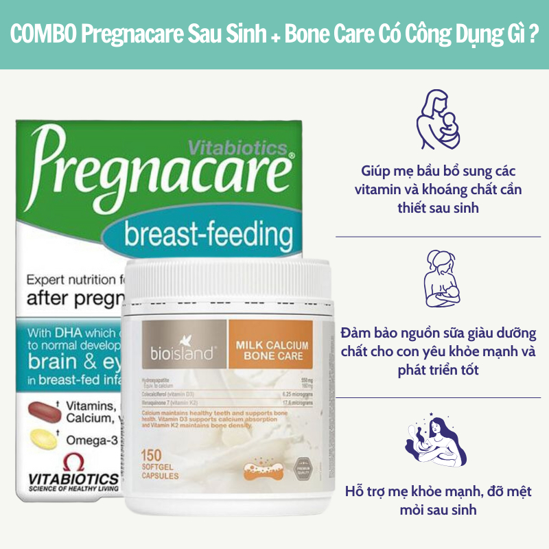 Combo Pregnacare breast-feeeding + Canxi Bone Care DHA Bioilsland hỗ trợ các mẹ sau sinh, lợi sữa cho mẹ