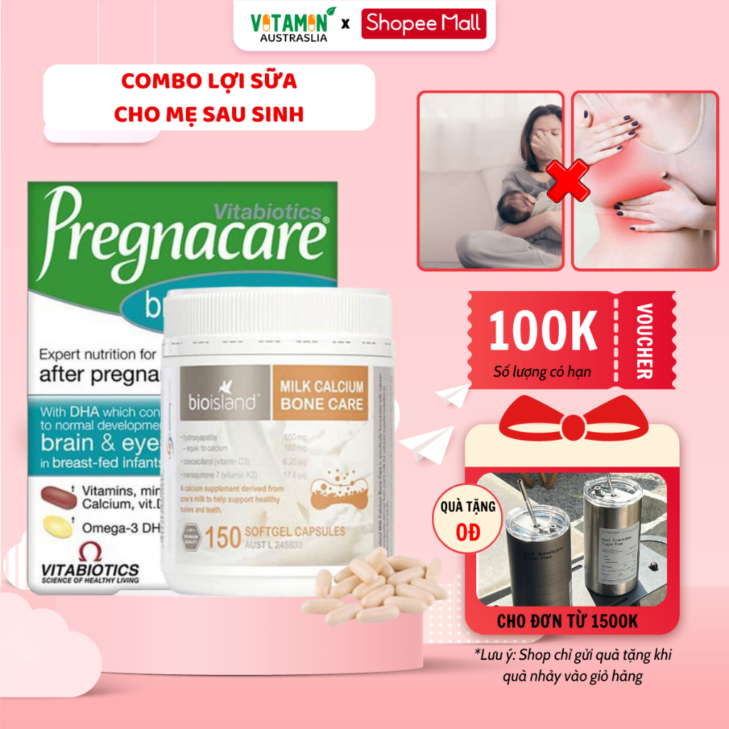 Combo Pregnacare breast-feeeding + Canxi Bone Care DHA Bioilsland hỗ trợ các mẹ sau sinh, lợi sữa cho mẹ