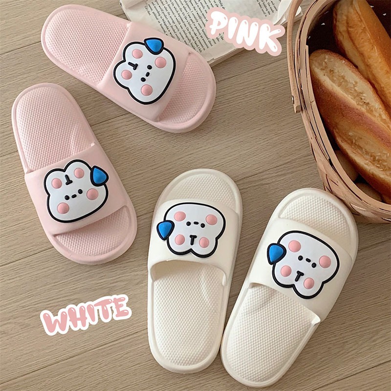Dép Quai Ngang Nữ Trắng Và Hồng Thiết Kế Mặt Thỏ Siêu Dễ Thương, Dép Mềm Bánh Mì Êm Chân Mang Trong Nhà Chống Trơn Trượt