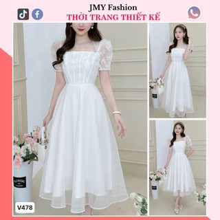 V478 Váy trắng xòe thiết kế đính ngọc sang chảnh [TH Hà Thanh] đầm trắng xòe tay bồng tiểu thư