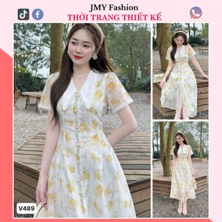 V489 Váy đầm hoa vàng dáng xòe dài vintage [TH Hà Thanh] váy trắng hoa nhí vàng cổ lá tiểu thư
