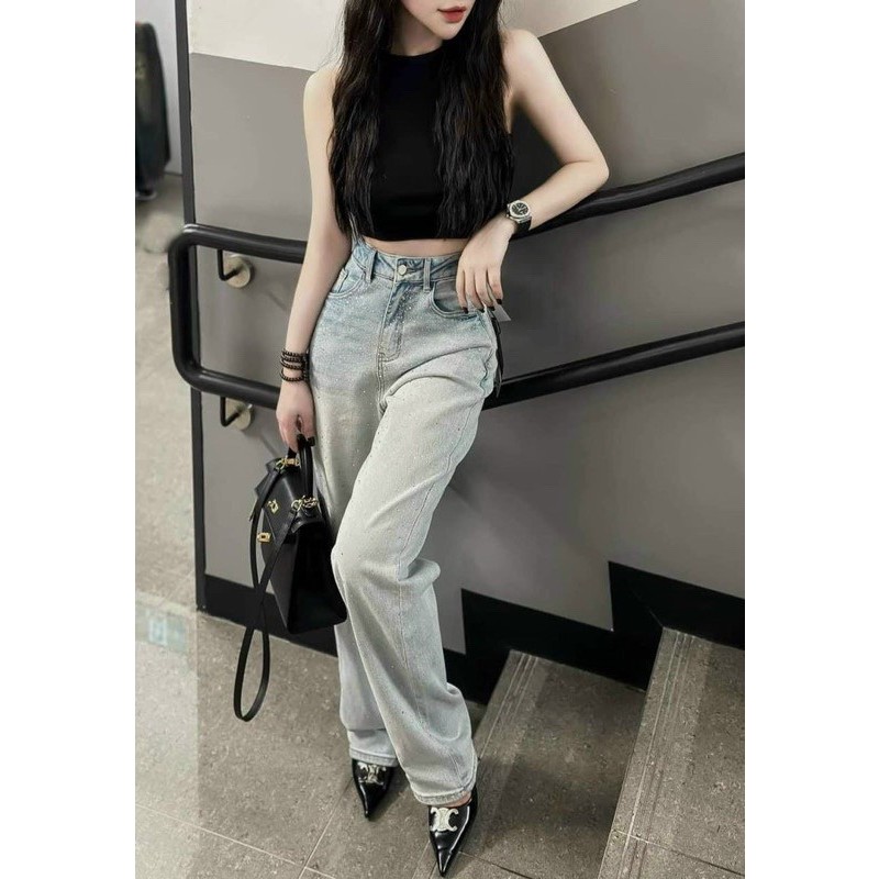 Quần jean nữ ống suông cạp cao đính full đá chất dày mịn washi  xanh khói retro QC2688 Hottrend 2025